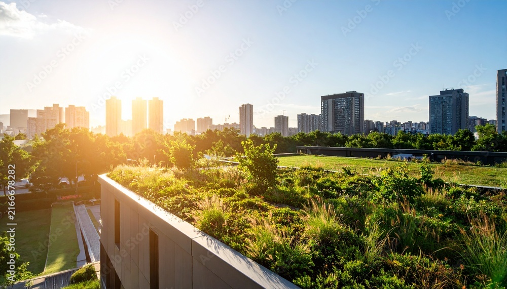 Fototapeta premium Urban Green Roof with City Skyline at Sunrise.