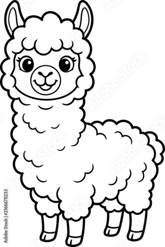 Cute cartoon llama illustration with big eyes isolated on transparent background