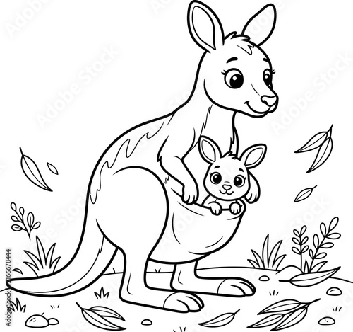 Cute kangaroo with joey in pouch black and white line art isolated on transparent background