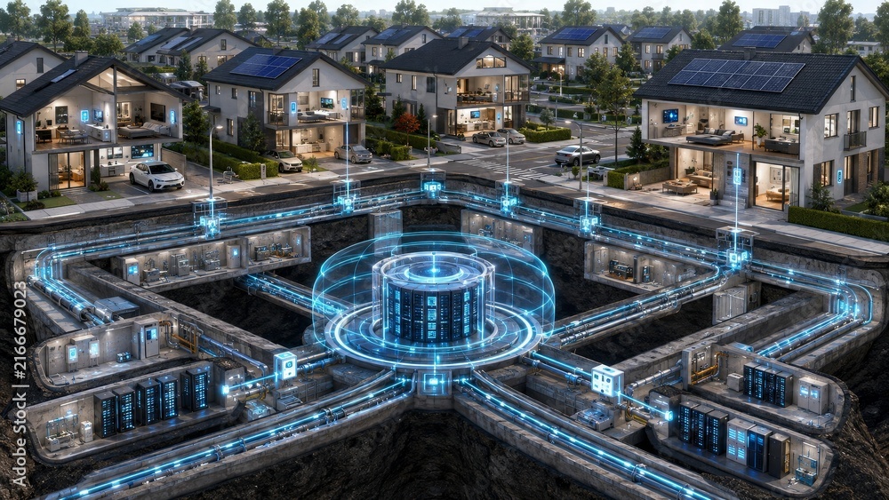 Fototapeta premium Smart residential infrastructure with underground data network, IoT and connected homes