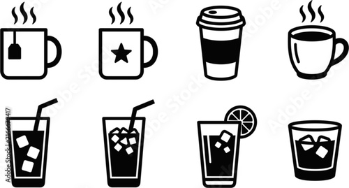 Set of various drink icons including hot coffee, tea, and cold beverages with ice cubes and lemon slice
