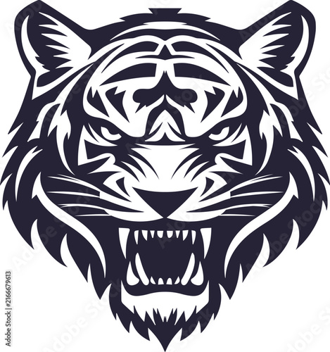 Bold black and white tiger head illustration with sharp details, intense eyes, and open jaws, designed as a powerful sports mascot emblem.