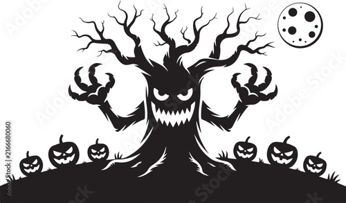 Halloween monster silhouette with glowing pumpkin head and twisted tree branch arms in dark night scene