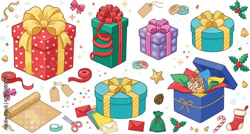 Christmas gift wrapping vector kit with colorful present boxes ribbons bows rolls stickers and winter holiday decorations,