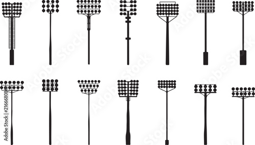Stadium light pole silhouettes and floodlight vector collection for sports arena design.