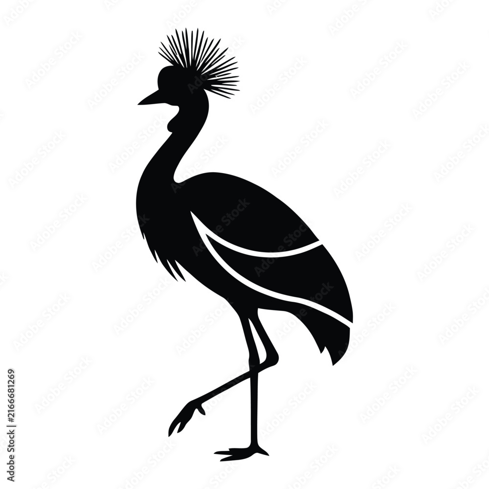 Naklejka premium Grey crowned crane depiction features a stark black silhouette against white