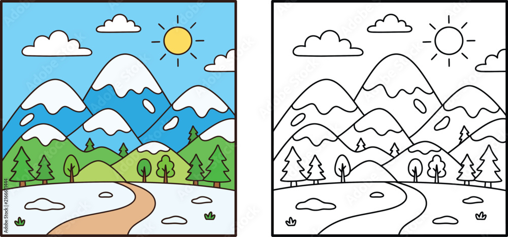 Naklejka premium Snowy Mountain Landscape Coloring Page Vector Illustration for First Day of Winter