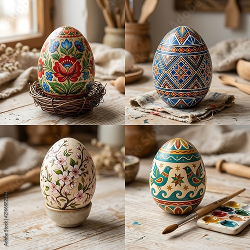 Colorful handcrafted ceramic decorative eggs on wooden surface.