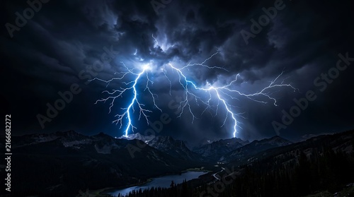 Dramatic stormy sky with lightning over dark landscape.