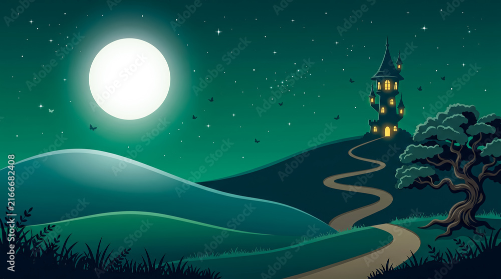 Fototapeta premium Whimsical nighttime illustration of a winding path leading to a magical castle under a full moon
