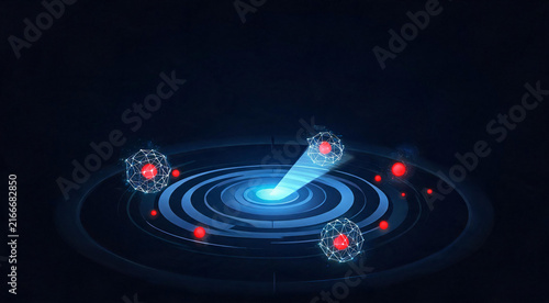 Abstract cybersecurity threat detection radar interface with blue protective network