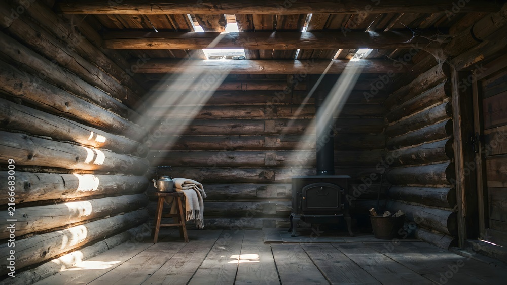 Naklejka premium Sunlight Streams Through Rustic Cabin Windows Creating Warm Ambiance