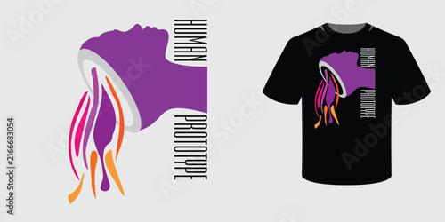 Futuristic T-shirt design with abstract human silhouette and colorful flowing shapes.