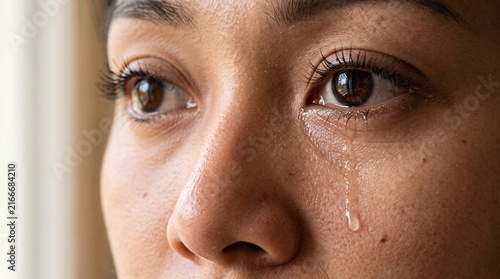 Closeup of a young womans face with tears streaming down her cheeks.