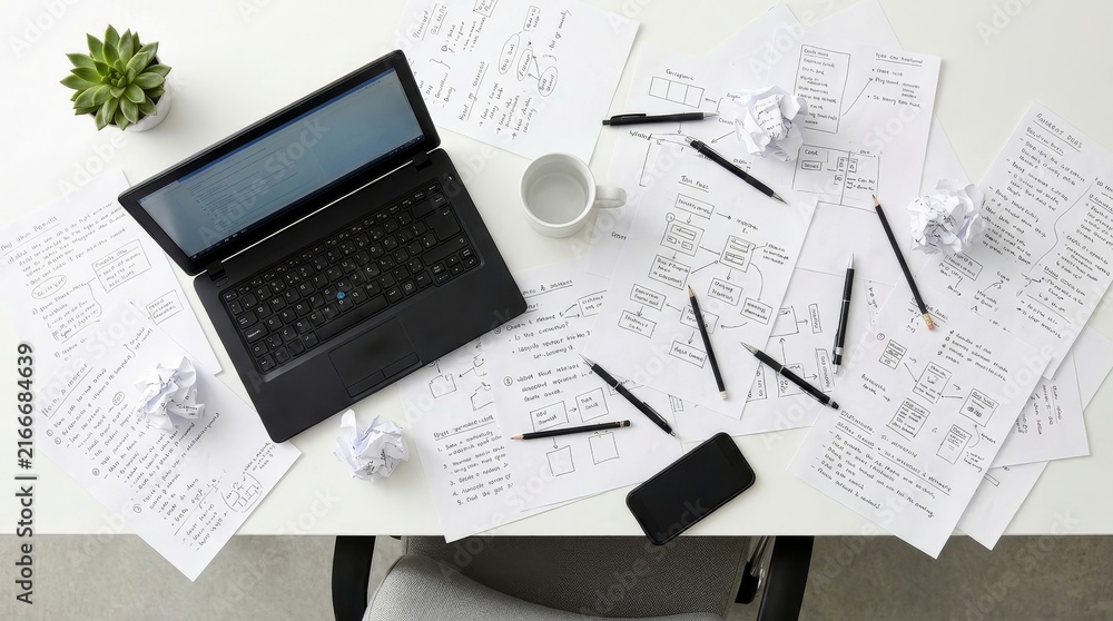 Obraz premium Messy Workspace with Laptop and Paper Sketches for Brainstorming and Creative Project Planning
