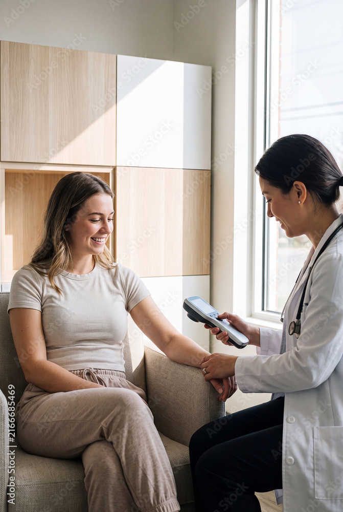 Fototapeta premium A friendly female doctor uses a modern handheld diagnostic scanner on a smiling patient's arm during a medical checkup in a bright clinic.