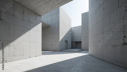 Modern concrete architecture with geometric walls and dramatic sunlight shadows