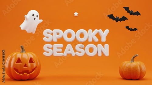 Spooky season text with cute ghost and pumpkins on an orange background for a halloween celebration design