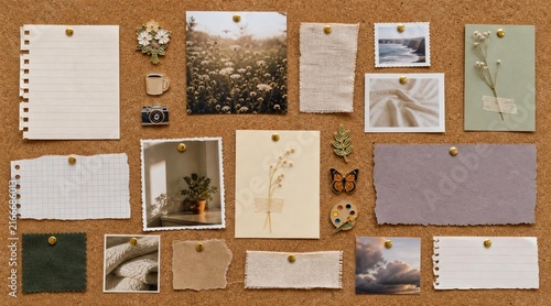 Vintage Aesthetic Mood Board with Torn Paper Scraps and Photos.