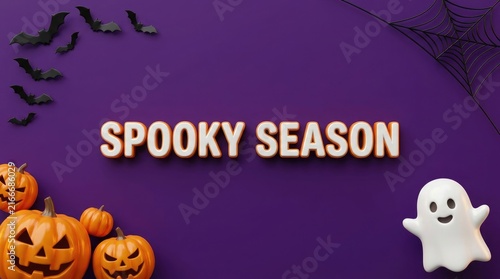 Festive halloween background featuring spooky season text with jack o lantern pumpkins and a cute ghost figure