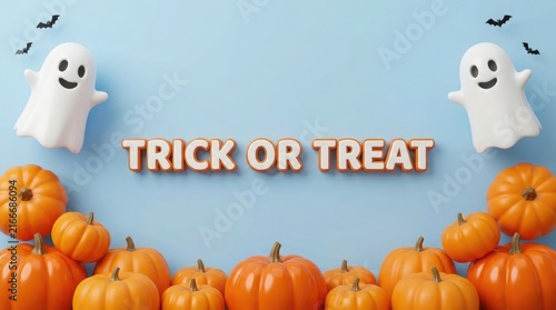 Festive halloween background featuring cute ghosts and orange pumpkins with the text trick or treat on blue