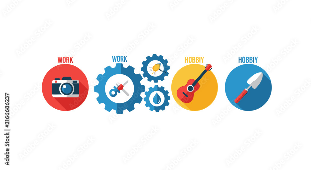 Fototapeta premium Work and Hobby Balance Concept Illustration with Flat Icons
