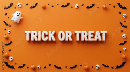 Festive trick or treat text surrounded by cute halloween decorations on a bright orange background banner