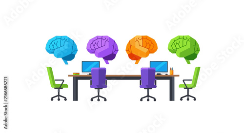 Creative Team Brainstorming Concept with Colorful Low Poly Brains Over Office Desks