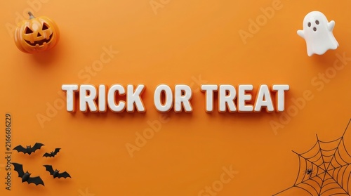 Festive trick or treat text display with spooky halloween decorations on a vibrant orange background flat lay