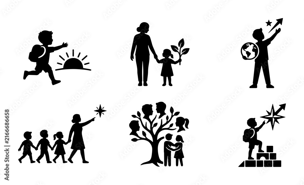 Obraz premium Childhood Education Icons, Family Growth Symbols, Future Success Vector Set
