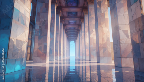 Grand stone colonnade hall with symmetrical pillars and bright light at the end of corridor