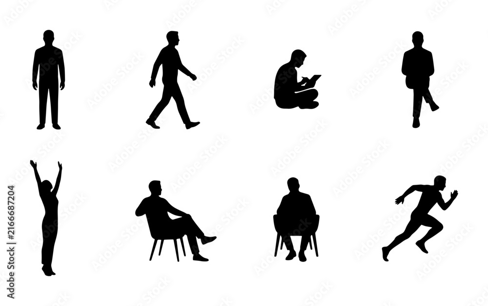 Obraz premium Diverse Human Silhouettes, Vector Icons: Standing, Walking, Sitting, Reading, Running Poses
