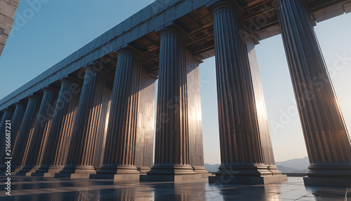 Ancient Greek temple columns with classical architecture and stone pillars at sunset.