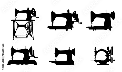 Bild auf Leinwand Vintage Sewing Machine Silhouettes, Retro Stitching Equipment Icons, Classic Tai