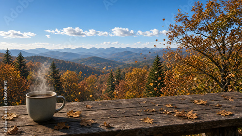 North American autumn landscape featuring typical trees shedding their leaves, a clear sky with scattered clouds, and a view from a wooden table atop a mountain.