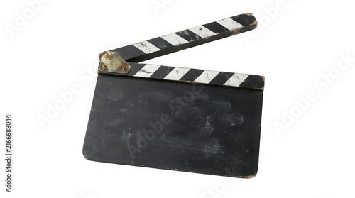 Film clapperboard open during production preparation with striped handle isolated on transparent background