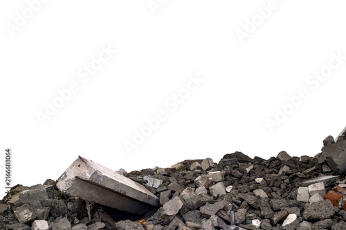 A ruined concrete building with a huge stick sticking out, a pile of construction debris and the remains of a concrete staircase isolated on a white background