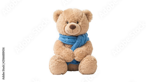 Fluffy teddy bear with blue scarf sitting isolated on transparent background