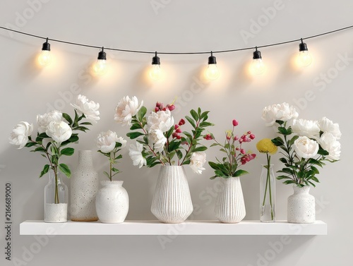 White and pink flowers in vases on a shelf with decorative lights  