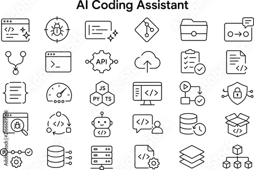 AI coding assistant icon set with various programming tools and concepts