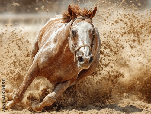 Running brown horse kicking up dust in an outdoor arena  