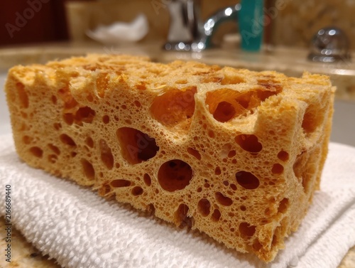 Natural sponge resting on a white towel in a bathroom setting  
