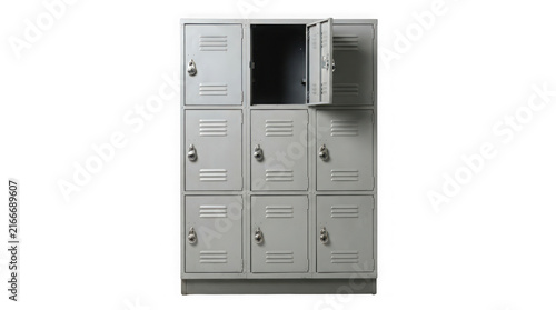 Metal school lockers with one open door during a clean studio session isolated on transparent background
