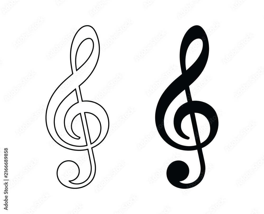 Fototapeta premium Black and white treble clef symbols, minimalist musical notation icons, elegant melody and harmony graphics for modern music design.