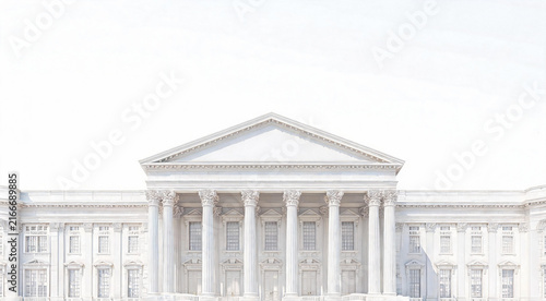 Neoclassical government building with white marble columns on pure white background