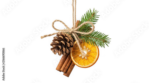 Christmas decoration with pine cone, cinnamon sticks, dried orange slice and fir branch isolated on transparent background