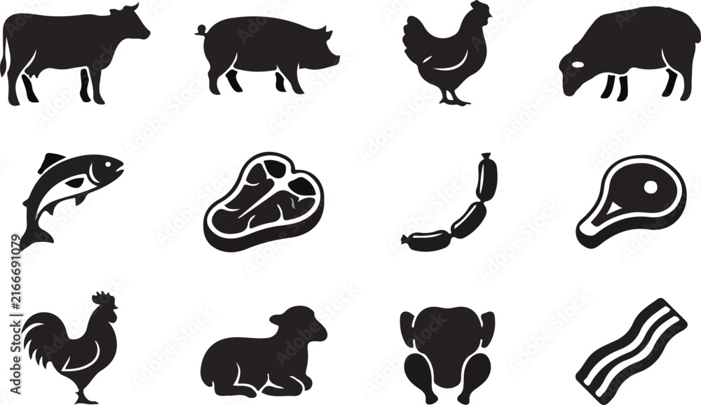 Obraz premium Meat and Livestock Animal Icons Set Black Silhouette