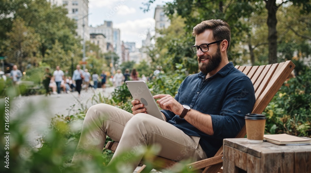 Obraz premium Bearded Digital Nomad Working on Digital Tablet in Sunny Urban Park