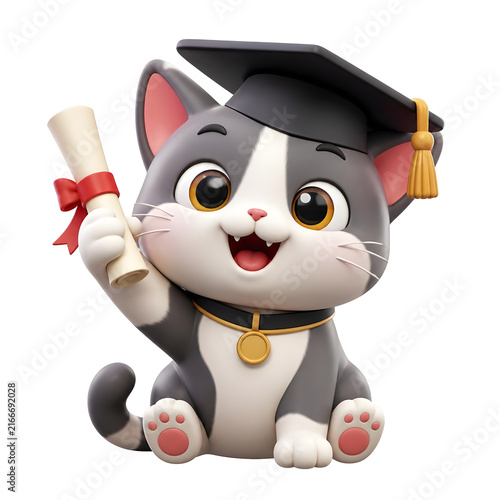 International Cat Day features a cute kitten wearing a graduation cap and holding a diploma scroll.