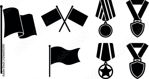 Canvas Print Black silhouette collection of flags and military medals on a white background i